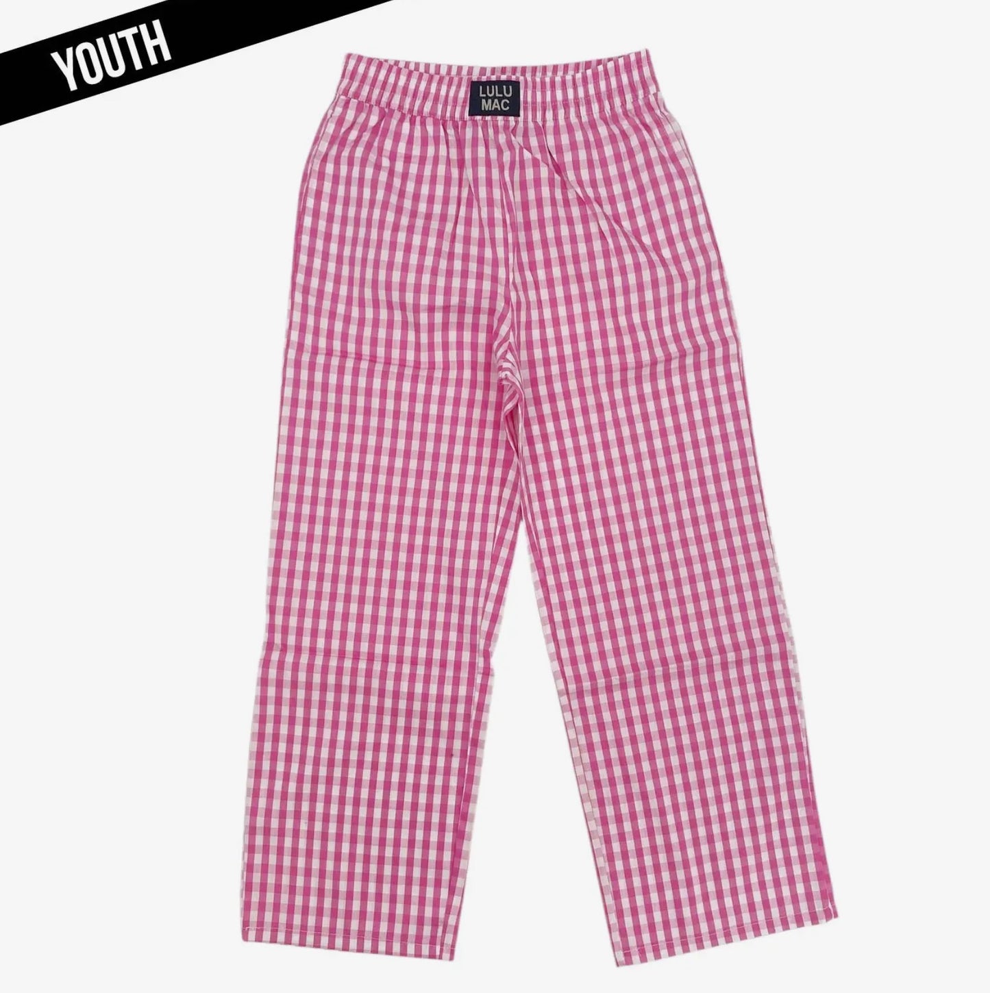 Red and white checkered pants on a white background with 'LULU' brand visible.