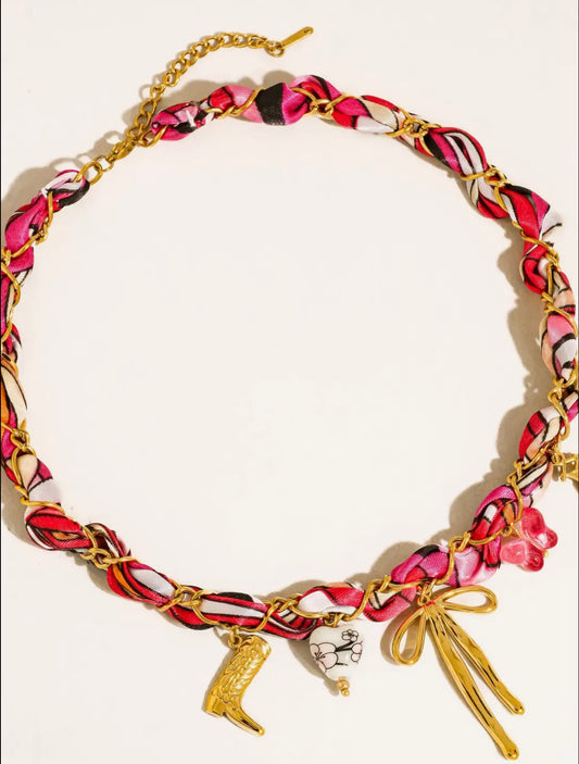 Plumeria 18K Gold Non-Tarnish Braided Bow Charm Necklace