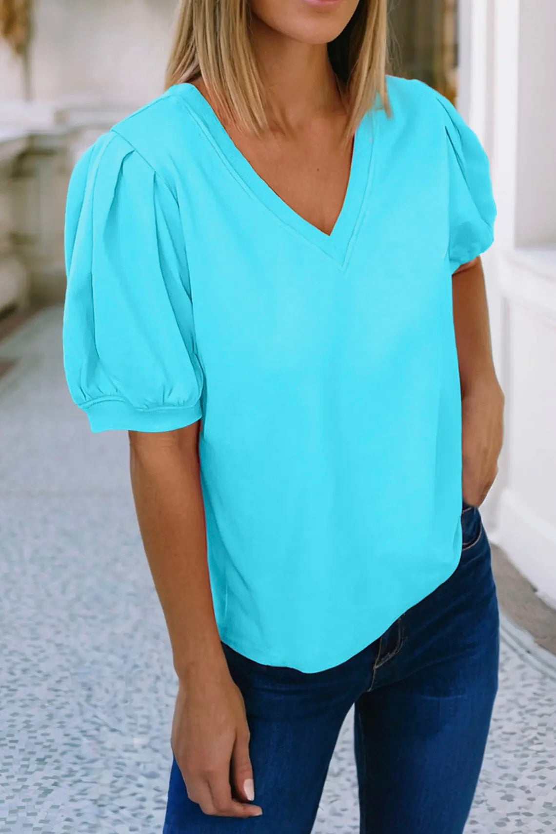 Haley Bubble Sleeve Blouse In Blue