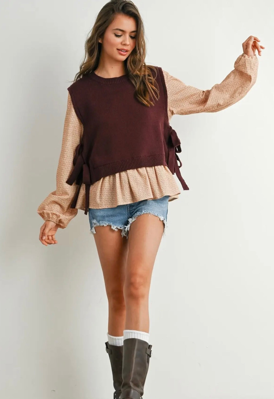 Riley Ribbon-Tied Knitted Top Maroon