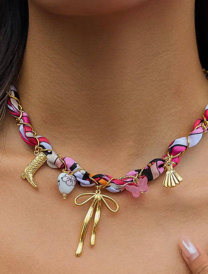 Plumeria 18K Gold Non-Tarnish Braided Bow Charm Necklace