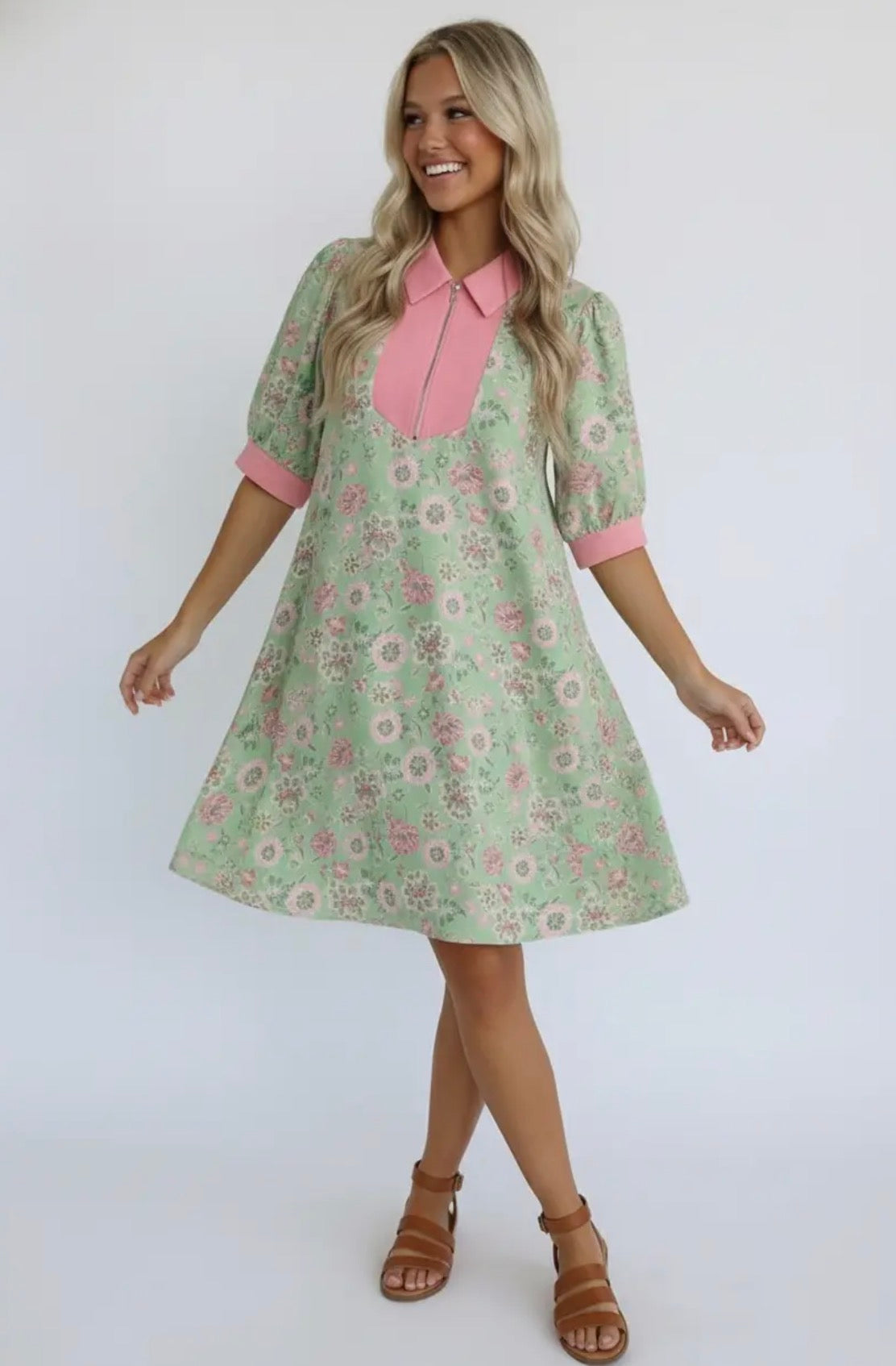Sage Bloom Contrast Collar Dress