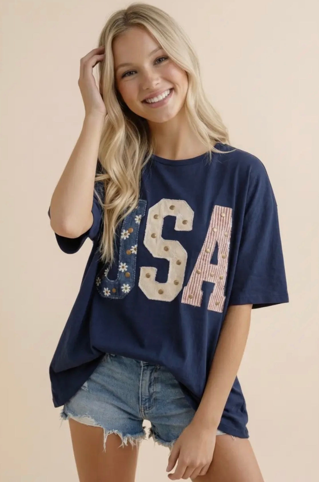 Mixed-Media Studded USA Graphic Tee