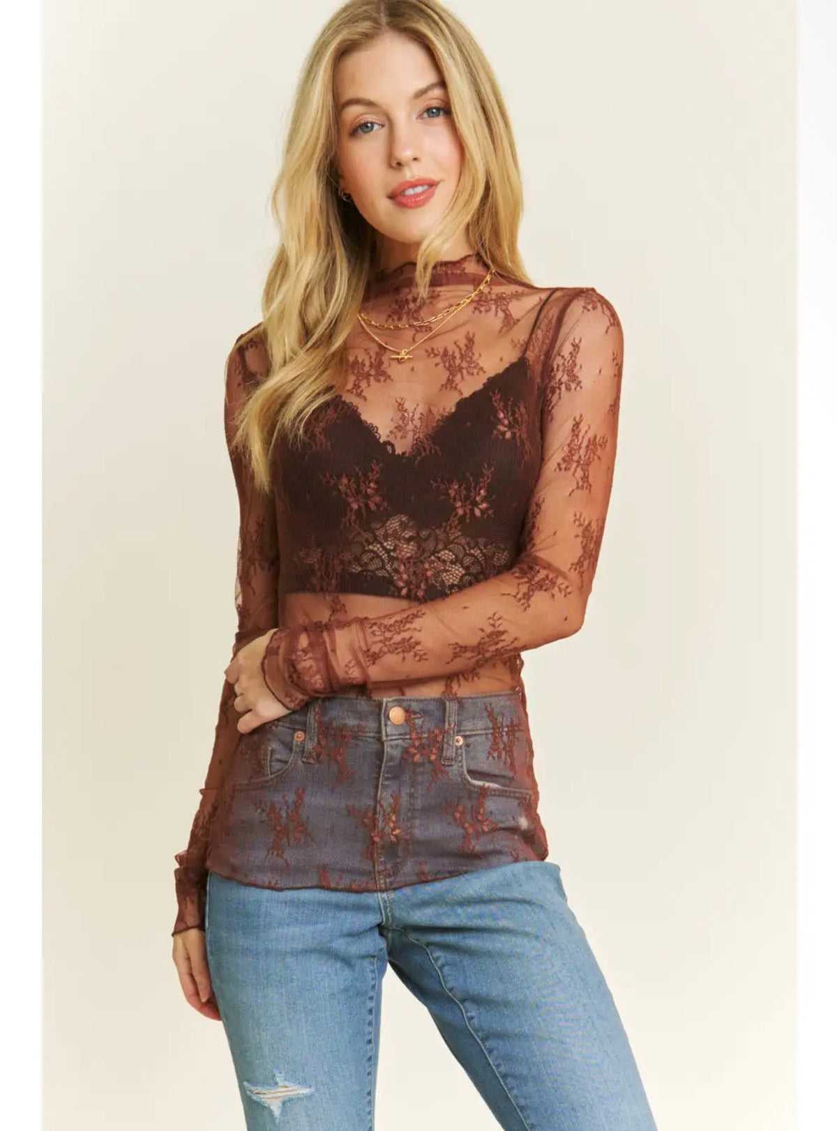 Lace Mesh Long Sleeve Brown