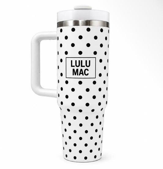 Lulu Mac White/Black polka dot Tumbler 40oz