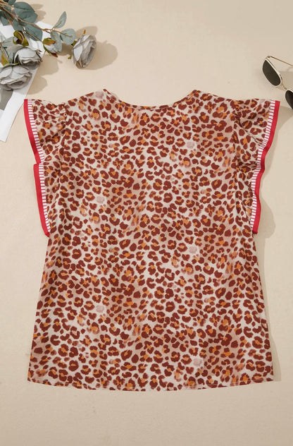 Leopard Ruffle V Neck Top