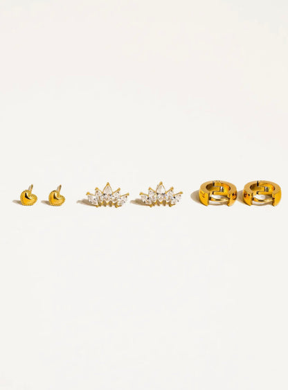 18K Gold Triple Stud Earring Set