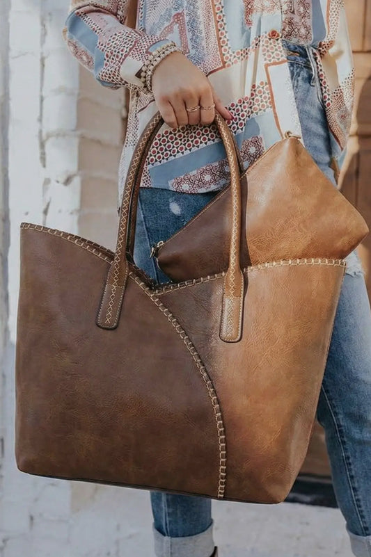 2-in-1 Detailed Stitch Shoulder Bag in Coffee
