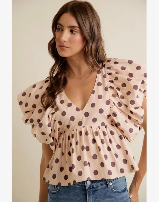 Grace Polka Dot Bubble Sleeve Smocked Blouse Rice/Brown