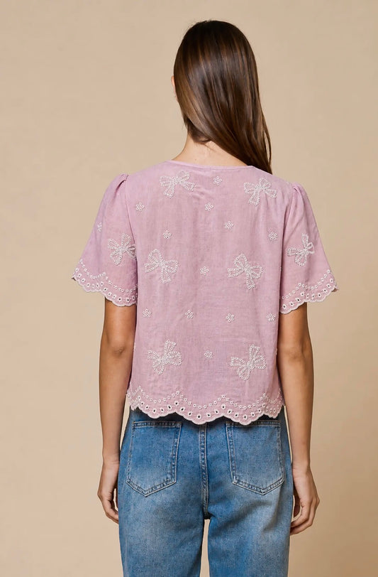 Blushing Bow Tie Scalloped Trim Top