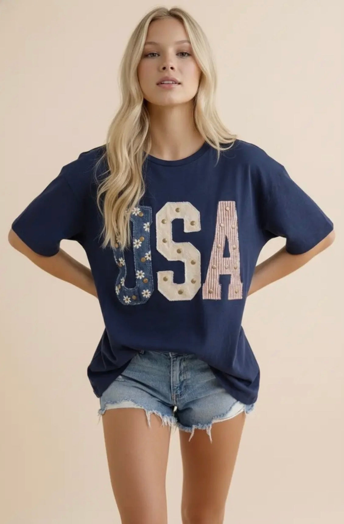 Mixed-Media Studded USA Graphic Tee
