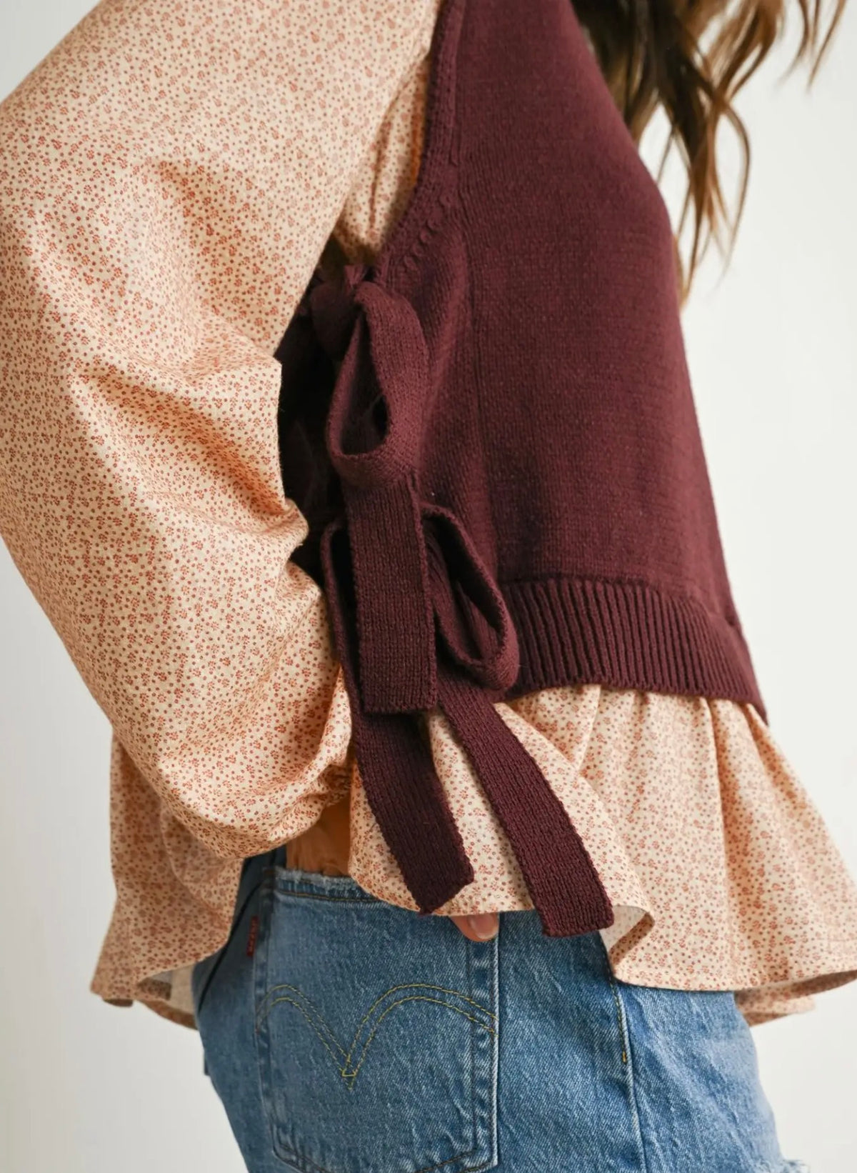 Riley Ribbon-Tied Knitted Top Maroon