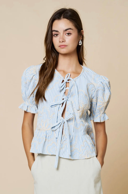 Blue Floral Striped Blouse With Bow Tie
