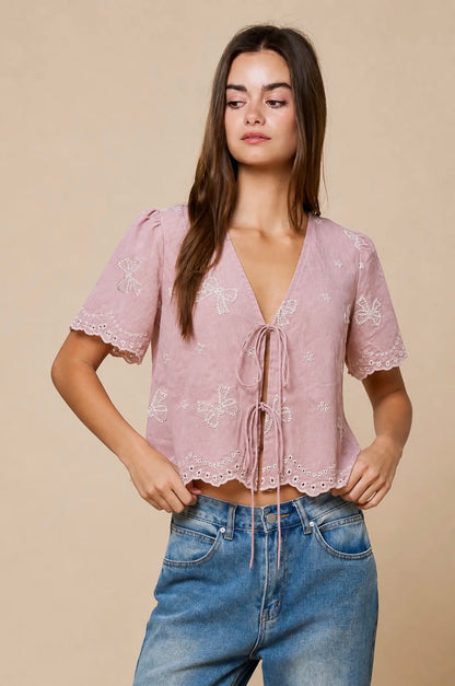 Blushing Bow Tie Scalloped Trim Top