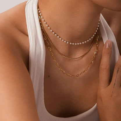 18K Non-tarnish Pearl and Gold Stack Necklace image 1