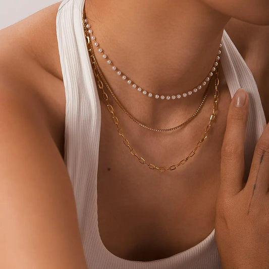 18K Non-tarnish Pearl and Gold Stack Necklace image 1